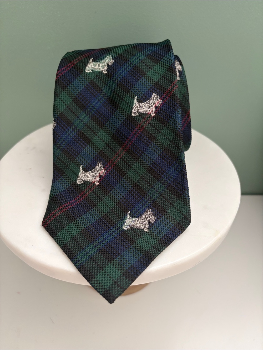 Classic Green Tartan Dog Embroidered Tie - Polo Ralph Lauren